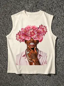 Unisex Military Flower Portrait Print Street Style Sleeveless Vest, Men's Casual Minimalist Street Vest, Summer Essential Breathable Vest, Beach Vacation Vest, Men's Casual T-Shirt
