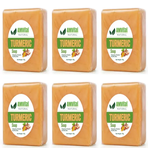 AMVital Turmeric Cleansing Soap (6 Pack, 4oz Each, 24-Month Shelf Life) - Plant-Based, Hydrating, Exfoliating, Alcohol-Free Cleanser for Sensitive & Normal Skin, Dark Spot Targeting Body Care Soap for Face & Body, Anti-Acne, Sensitive Safe
