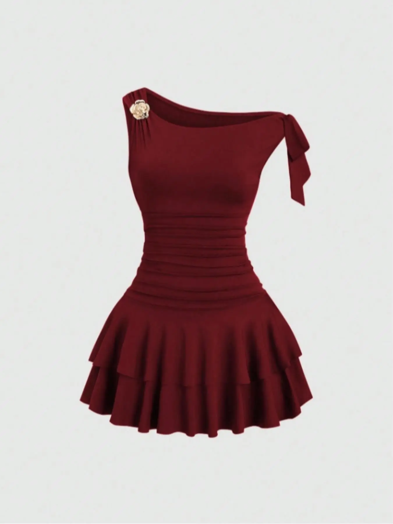 Women's Fashion Formal Evening Event Clothing Elegant Dress with Metal Flower Decoration, Ruched Shoulder, Hem Flounce, Elegant Bodycon Ruched Slim-Fitting Design, Plain Pattern, Womenswear
