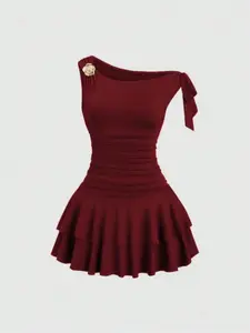 Women's Fashion Dress with Metal Flower Decoration, Ruched Shoulder, Hem Flounce, Elegant Bodycon Ruched Slim-Fitting Design, Plain Pattern, Womenswear