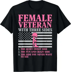 100% Cotton Female Veteran with Three Sides Women Veteran Mother Grandma T-Shirt