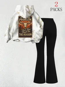 Women's Warm Hoodie Set, Slim Fit Comfortable Bell Bottom Pants, Cow Head Letter Print, Kangaroo Pocket, Daily Wear