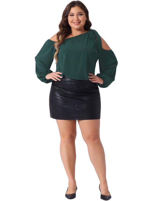 Agnes Orinda Plus Size Tops For Women Cold Shoulder Tie Long Sleeve Blouses Casual T-Shirt Tee Tops Dark Green