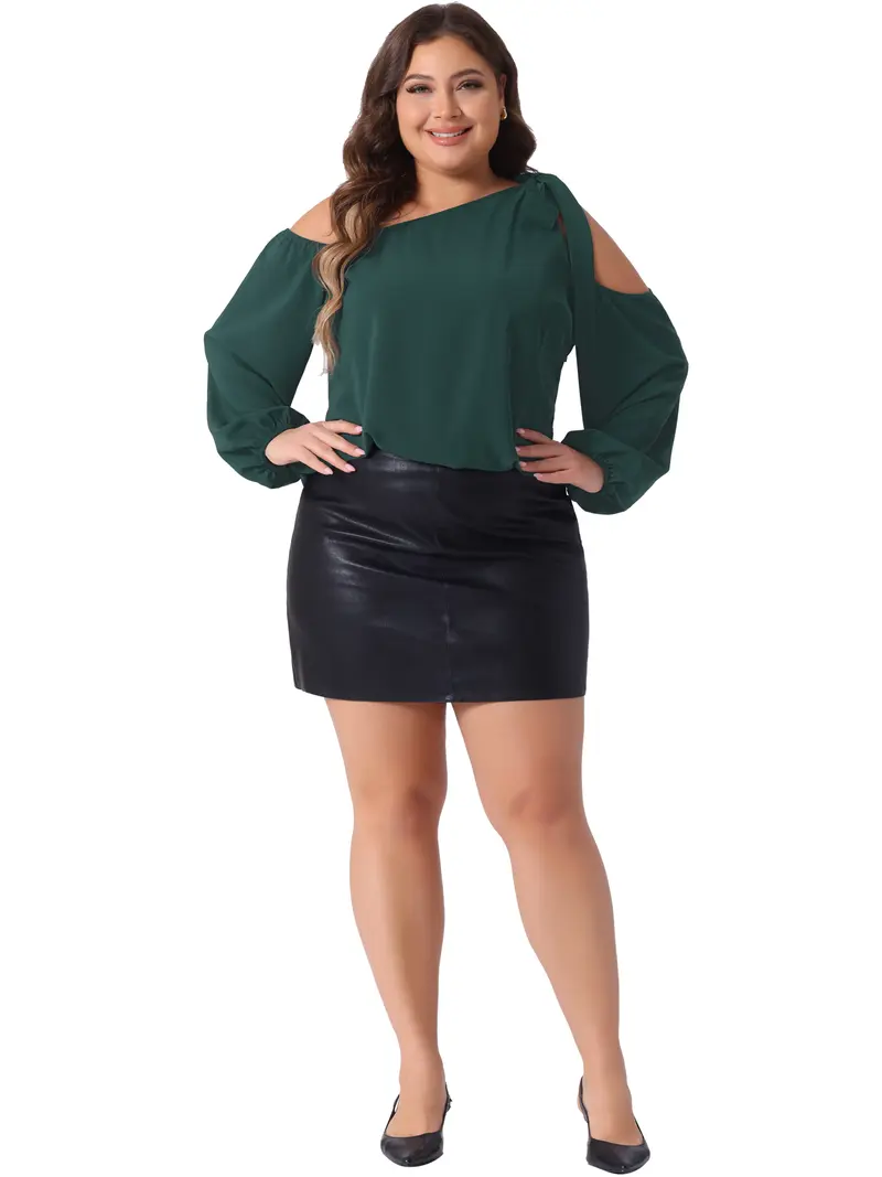 Agnes Orinda Plus Size Tops For Women Cold Shoulder Tie Long Sleeve Blouses Casual T-Shirt Tee Tops Dark Green