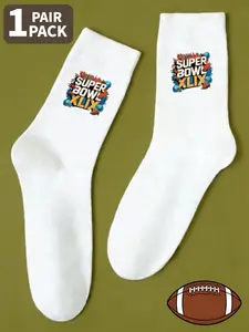 1/5 Double Super Bowl Football Mid-Calf Socks White Socks with Football Event Sports Letter Print Reinforced Toe for Durability Anti-Friction Foot Protection Hardcore Athletic Style Fan Wear