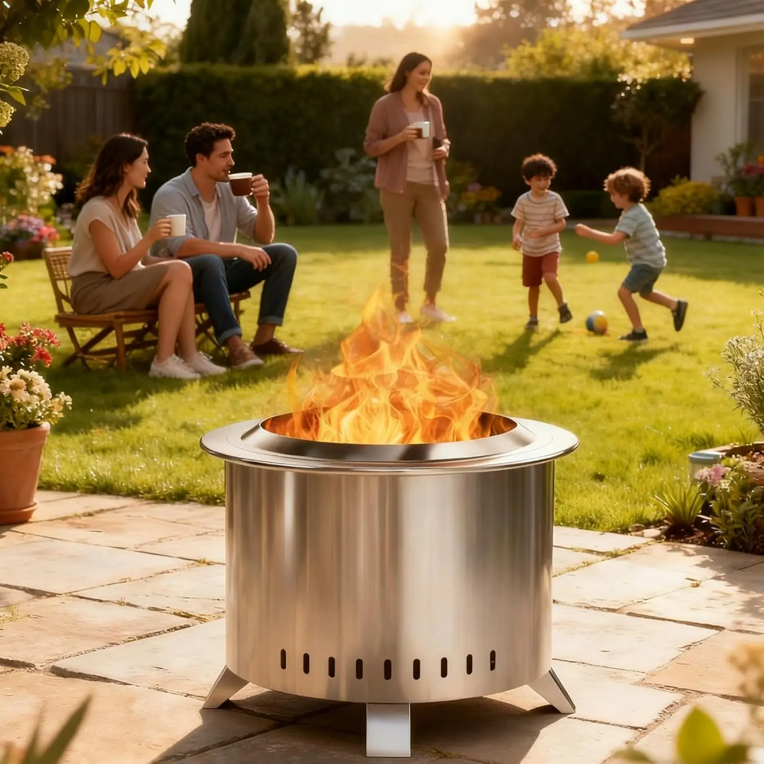 Outvue Round Smokeless Fire Pit - 22-Inch Stainless Steel Wood Burning Firepit with Cover, Low Smoke Design, Assembly Required, Easy to Clean, Floor Mount for Backyard Patio Camping, Garden
