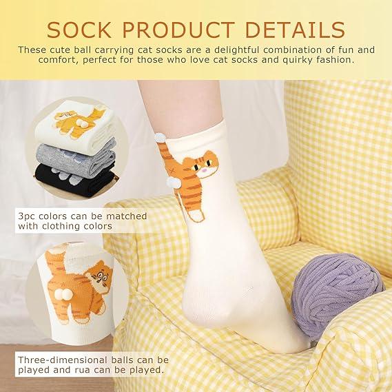 3 Pairs Cute Cotton Cat Socks with Balls Soft Comfy Fit All Seasons Christmas Gifts Stocking Stuffers Funny Socks