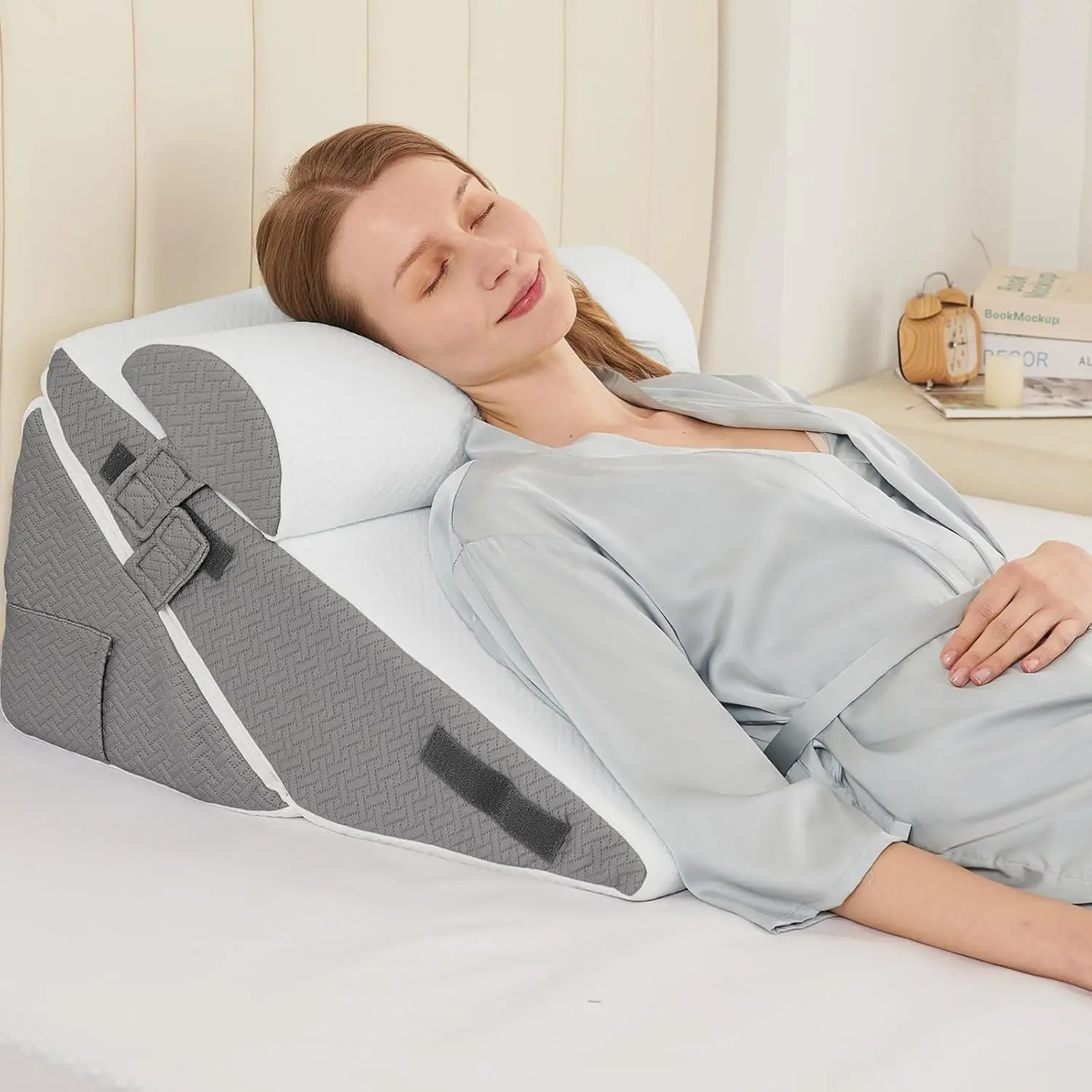 Wedge Pillow et for After urgery, PC Adjustable Bed Wedge Pillow Headboard with Memory Foam Neck Cushion – for Acid Reflux, leeping, Neck & Back upport, Dark Grey & White