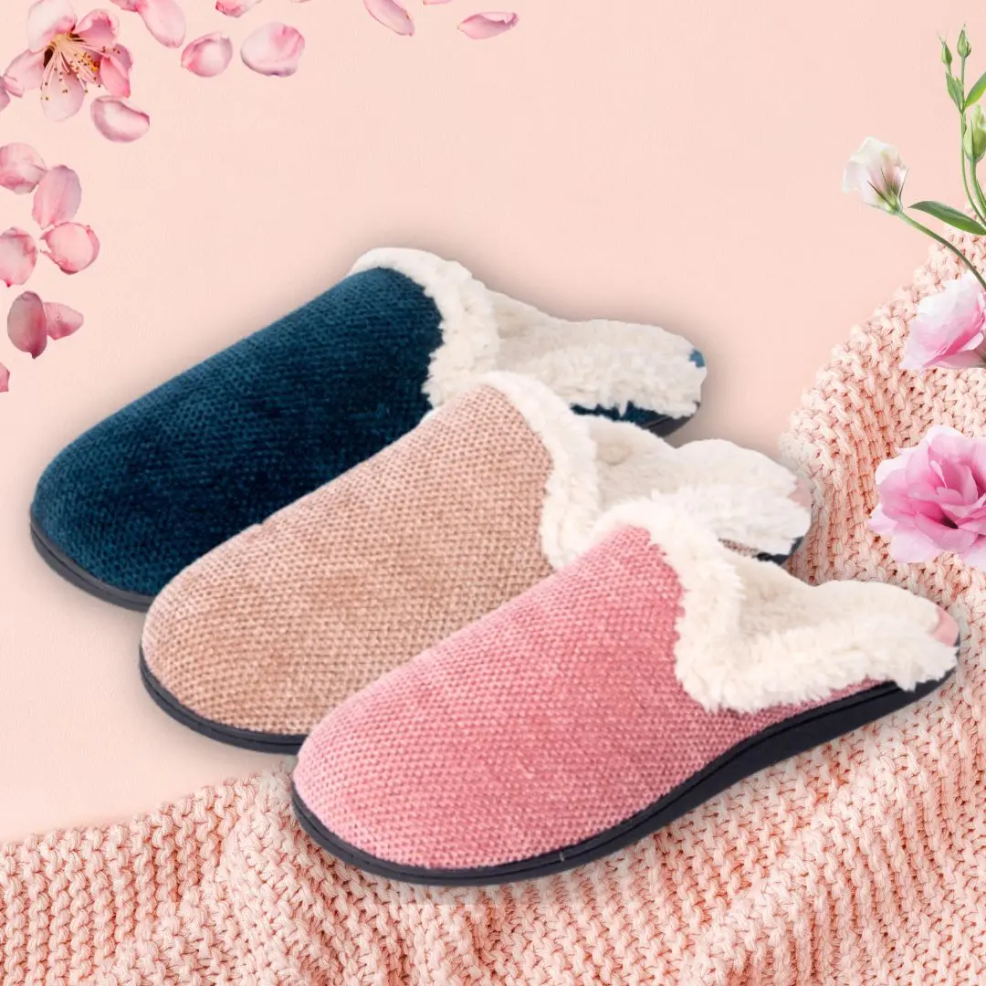 Roxoni Women's Memory Foam House Fleece Trim Knit Sweater Slipper with Round Toe & Anti-Skid Sole for Indoor Outdoor Wear