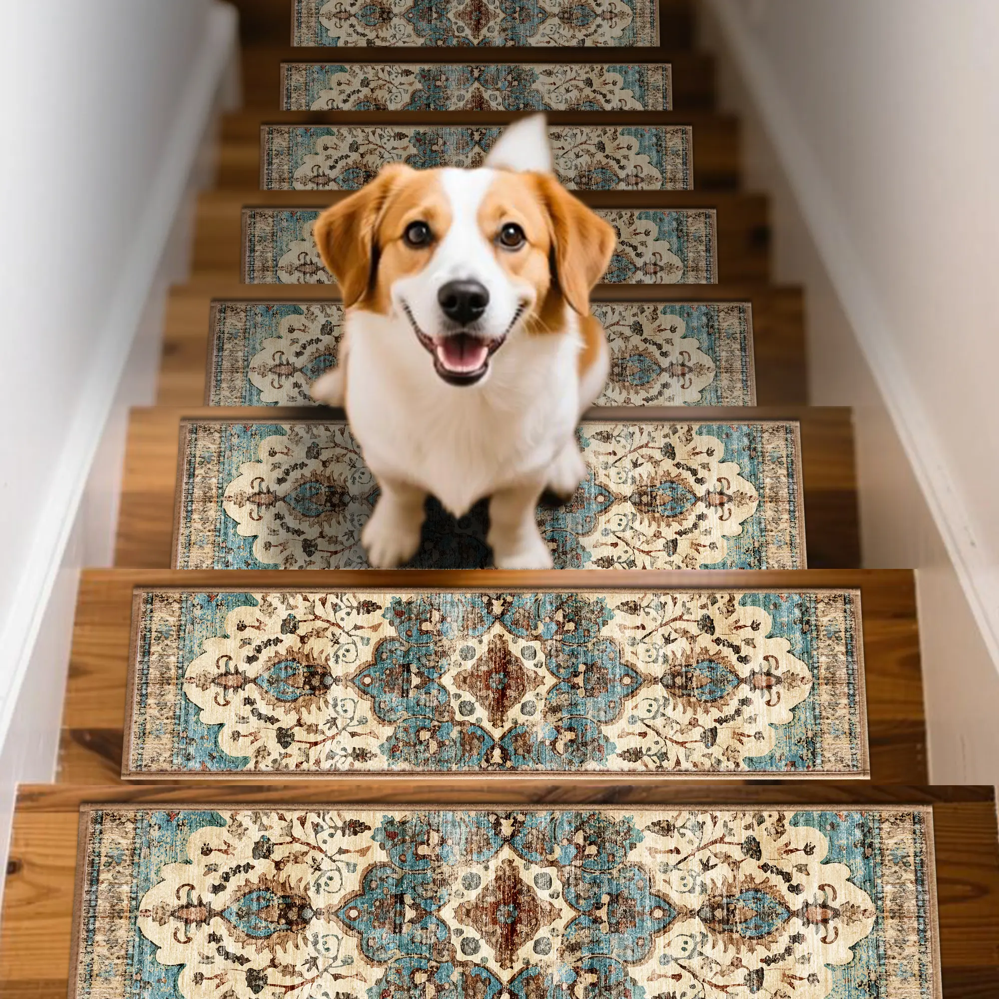 GTUUN Chenille Stair Treads, 15-Pack 8 x 30 Inch Self-Adhesive Washable Stair Mats for Wooden Steps, Dogs, Pets and Indoor Use