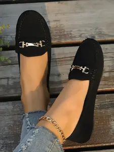 Women's Slip-On Round Toe Loafers, Casual Versatile Comfort Shoes with Modern Decorative Buckle, Chic Minimalist Design for Everyday Wear, Affordable Loafers