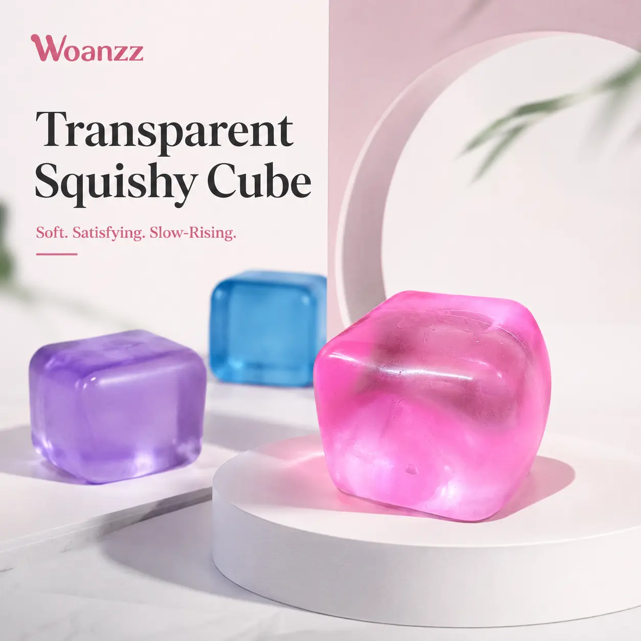 Transparent Squishy Cube, Soft Slow Rising Sensory Fidget Squeeze Toy, Rounded Stress Cube for Desk, Study and Travel, Pink Blue or Purple