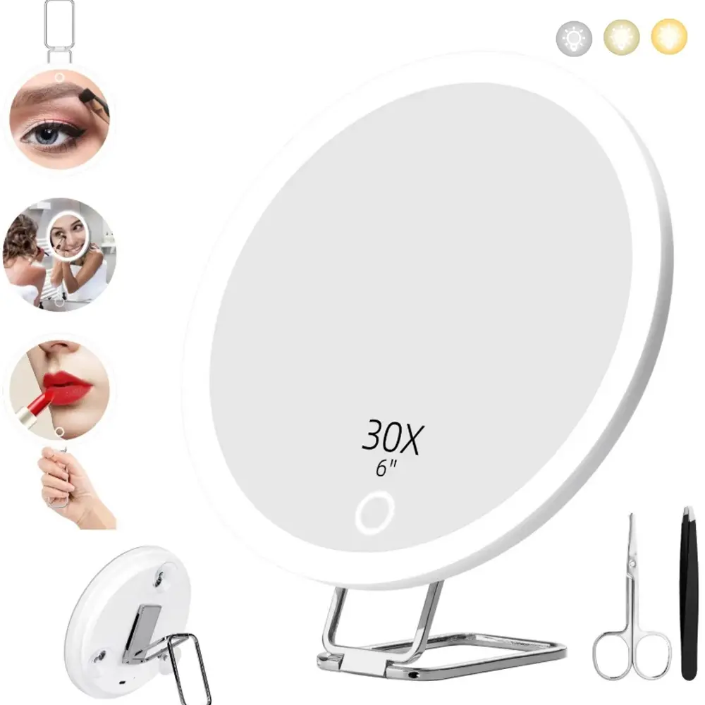 LED Lighted Magnifying Mirror, Illuminated Mirror, 30X Lighted Magnifying Makeup Mirror, Travel Makeup Mirror with Magnification, Adjustable Lighted Mirror, Led Lighting Mirror Gift for Men Women, Mirror And Light