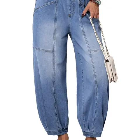 Sidefeel Barrel Jeans for Women Trendy Wide Leg High Waisted Cropped Baggy Relax Fit Stretch Pocketed Denim Ankle Fall Outfit