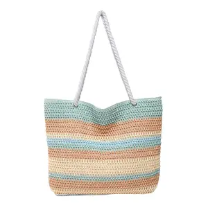 2026 New Women Fashion Shoulder Bag Rainbow Striped Color Block Straw Bag Large Capacity Beach Bag for Vacation