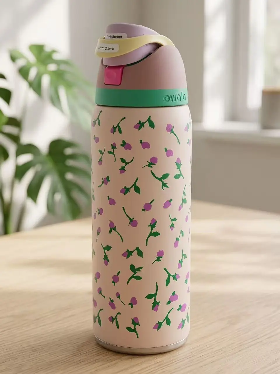 32oz (946mL)   FreeSip Insulated Stainless Steel Water Bottle, Cute Purple Floral Rose Print Leak Proof Travel Tumbler with Carry Handle for Gym Travel School sport reusable sale adventure weekend