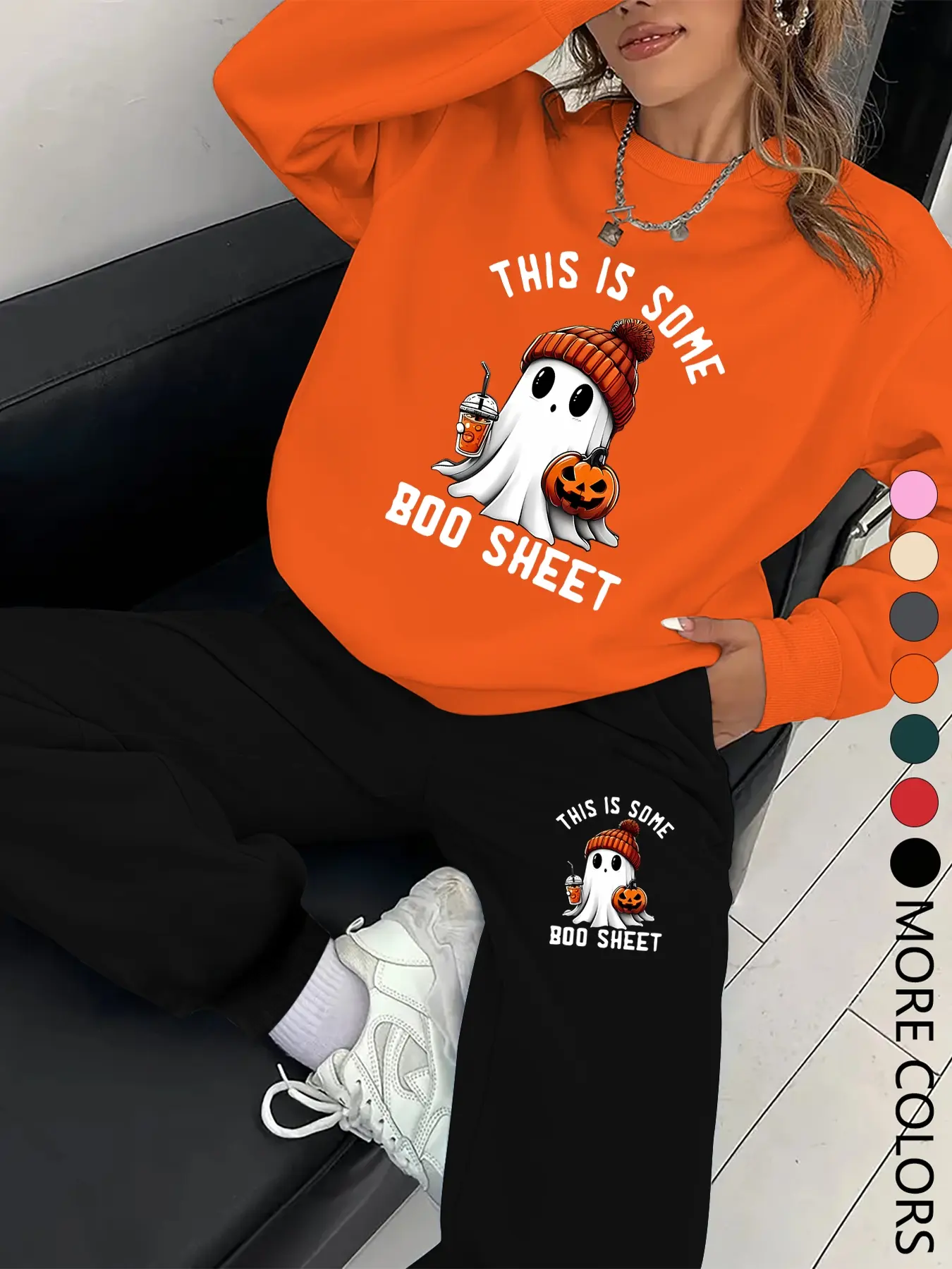 New Creative Halloween Ghost Print Sweatshirt Set, Casual Long Sleeve Round Neck Top & Pants, Spring Fall Winter Fashion Women's