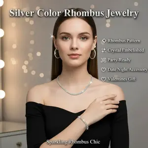 Women's Fashion Rhombus Pattern Crystal Jewelry Set Necklace Earrings Bracelet Silver-Toned for Parties Dates Valentine's Day Accessories