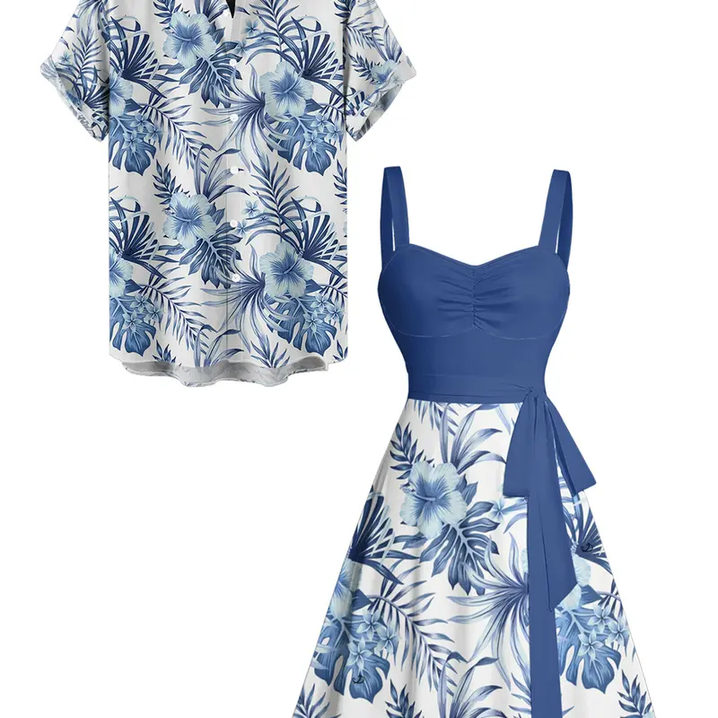 Couples' 2-Piece Casual Floral Clothes Set - Lady's Sweetheart Neck Belted Strap Mini Dress with Tropical Leaf Print, Men's Short-Sleeve Shirt for 2025 Summer Vacations Casual Wear