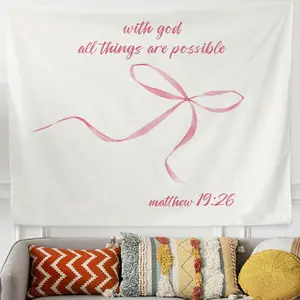 Trendy Bible Verse Tapestry for Bedroom, Coquette Pink Bow Wall Decor Christian Tapestry Wall Hanging, With God All Things Are Possible Scripture Tapestry for Home Dorm Livingroom