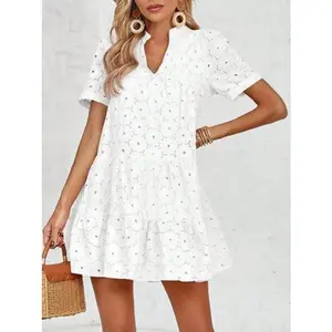 Women’s Summer Lace Dresses Eyelet Casual Flowy Babydoll Swing Short Sleeve V Neck Tunic Dress