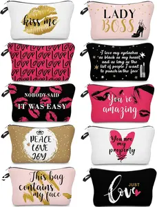Boao 10 Pieces Letters Makeup Bags Bulk Cosmetic Pouch for Women Travel Zipper Organizer Toiletry Bag Printing Pencil Bag Christmas Supplies Gift(Black, Gold and Pink Style)