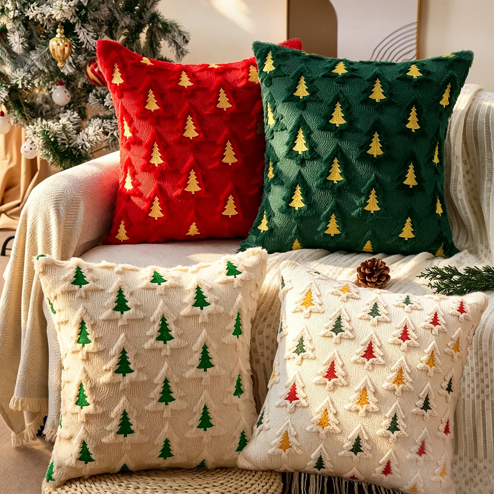 Christmas Cushion Covers (18x18 inch) – Set of 3 Plush Christmas Tree Cushion Covers; Elegant Christmas Throw Pillow Covers Suitable for Sofas, Beds, and Home Decor
