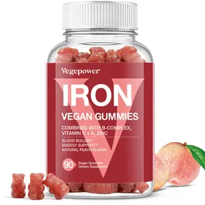 Vegan Iron Gummies Supplement - with Vitamin C, A, B-Complex, Folate, Zinc for Adults & Kids - Blood Builder & Energy Support for Iron Deficiency, Anemia, No After Taste - Peach Flavor (90 Ct) Healthcare Dietary Fitness Natural peach gum Edible
