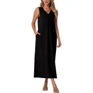 GRECERELLE Women 2026 Summer V-Neck Casual Loose Split Wrinkle-Free Long Maxi Vacation Dress with Pockets
