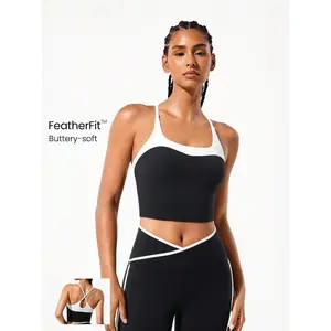 GLOWMODE FeatherFit™ Energizer Slim Fit Color Contrast Crossover Straps Low Neckline Removable Cups Cropped Active Tank Low-Impact Yoga Pilates Studio Daily Casual Wear