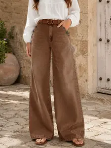 Olive High Waist Wide Leg Jeans, Casual Street Style, Trendy Slimming Loose Fit, All Seasons, Perfect for Commuting, Dates, Parties