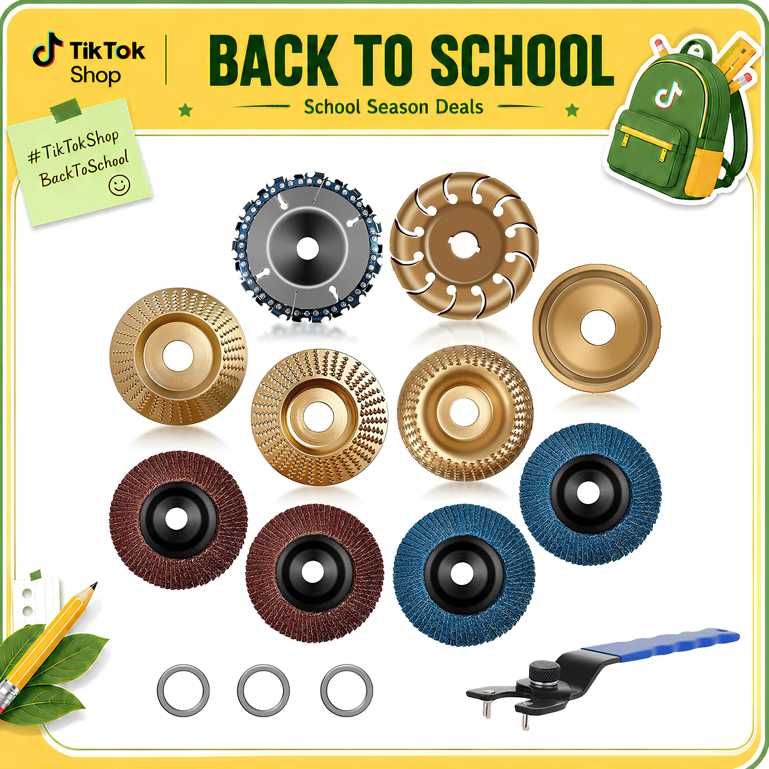 14-Piece Carbon Steel Wood Carving Disc Set for 4-Inch & 4-1/2-Inch Angle Grinders, Stump Grinding Wheel Disc with 3 Adapter Rings, 5/8" & 7/8" Arbor Openings for Woodworking Cutting Shaping Sanding, Wood Carving And Grinding Disc Set