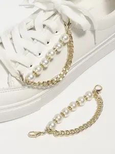 2pcs Faux Pearl & Chain Decor Shoe Decoration, Aluminum Alloy Fashionable Accessories For Sneakers Footwear Comfort