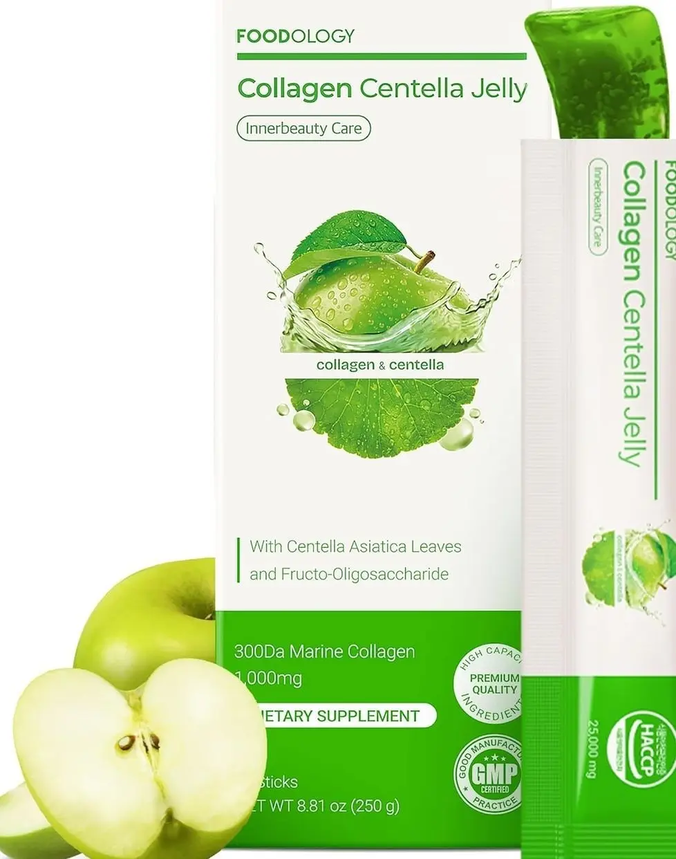 FOODOLOGY Coleology Centella Jelly Collagen Petide, Gree Apple, 10 Sticks | PDRN, Biotin & Hyaluronic Acid, Vitamin for Skin Glow, Hair & Nail Support, Korean Jelly Collagen Sticks