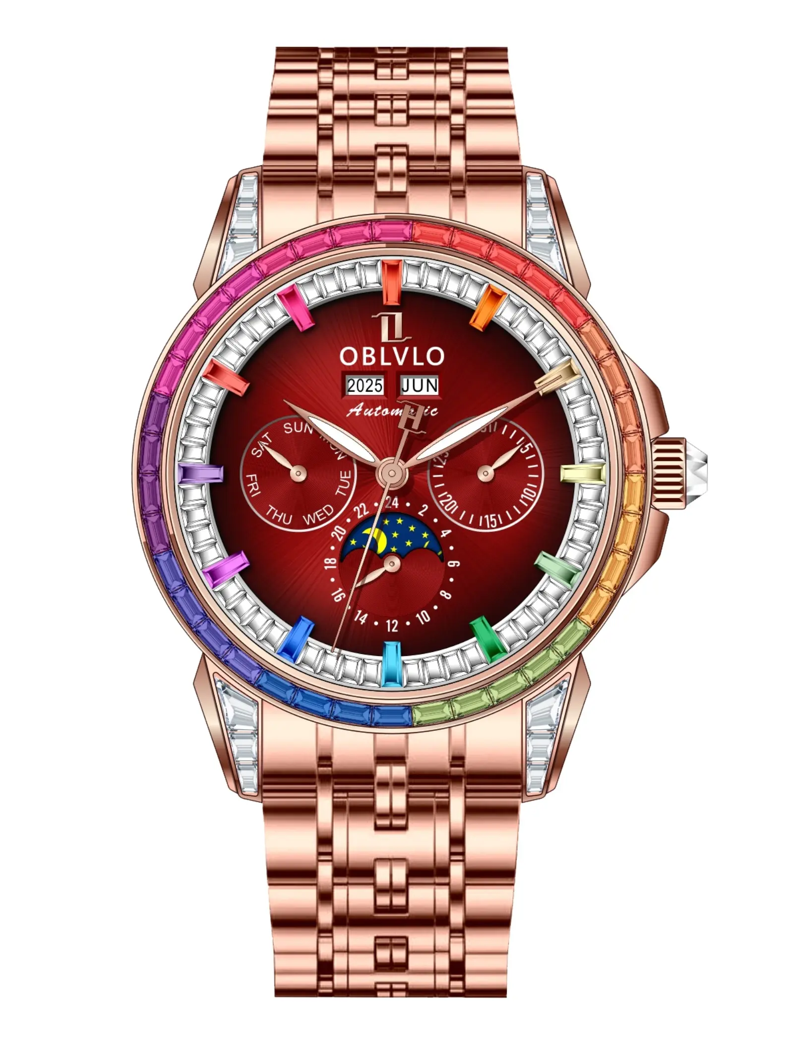 OBLVLO Men's Automatic Mechanical Watch, Date Display, Rectangular Crystal Bezel, Stainless Steel Strap, Elegant Timepiece
