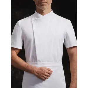 Men's Solid Short Sleeve Chef Shirt With Stand Collar And Button Closure Placket, Professional And Breathable Uniform Shirt For Cook Wear