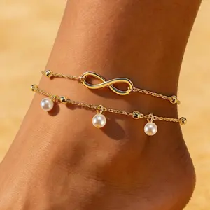 Infinity Beach Anklet bracelet for Women Teen Boho Waterproof Double Layered Dainty Beads Chain Charm Ankle Pearl dangling foot Jewelry Gift