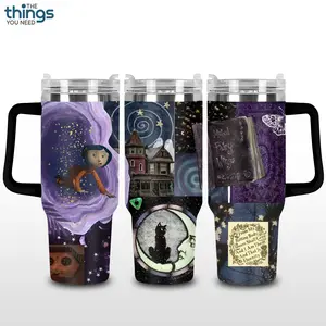 Coraline V3 20oz - 40oz Stainless Steel Tumbler with Handle and Straw, Double Wall Vacuum Insulated Travel Mug, Coraline Movie Cartoon Fantasy Character Design, Leakproof Hot Cold Drink Cup, Gift for Coraline Fans and Collectors