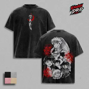 Inuyasha Anime Vintage Washed Oversize Cotton T-Shirt & Hoodie | Kagome Sesshomaru Manga Graphic Tee | Retro Y2K Japanese Anime Streetwear Top | Double Print Back Graphic Fan Hoodie