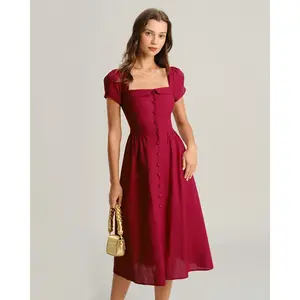 rihoas Women's Elegant Wine Red Waisted Square Neck Short-Sleeve Regular Sleeve Linen-Polyester A-Line Midi Casual Dress