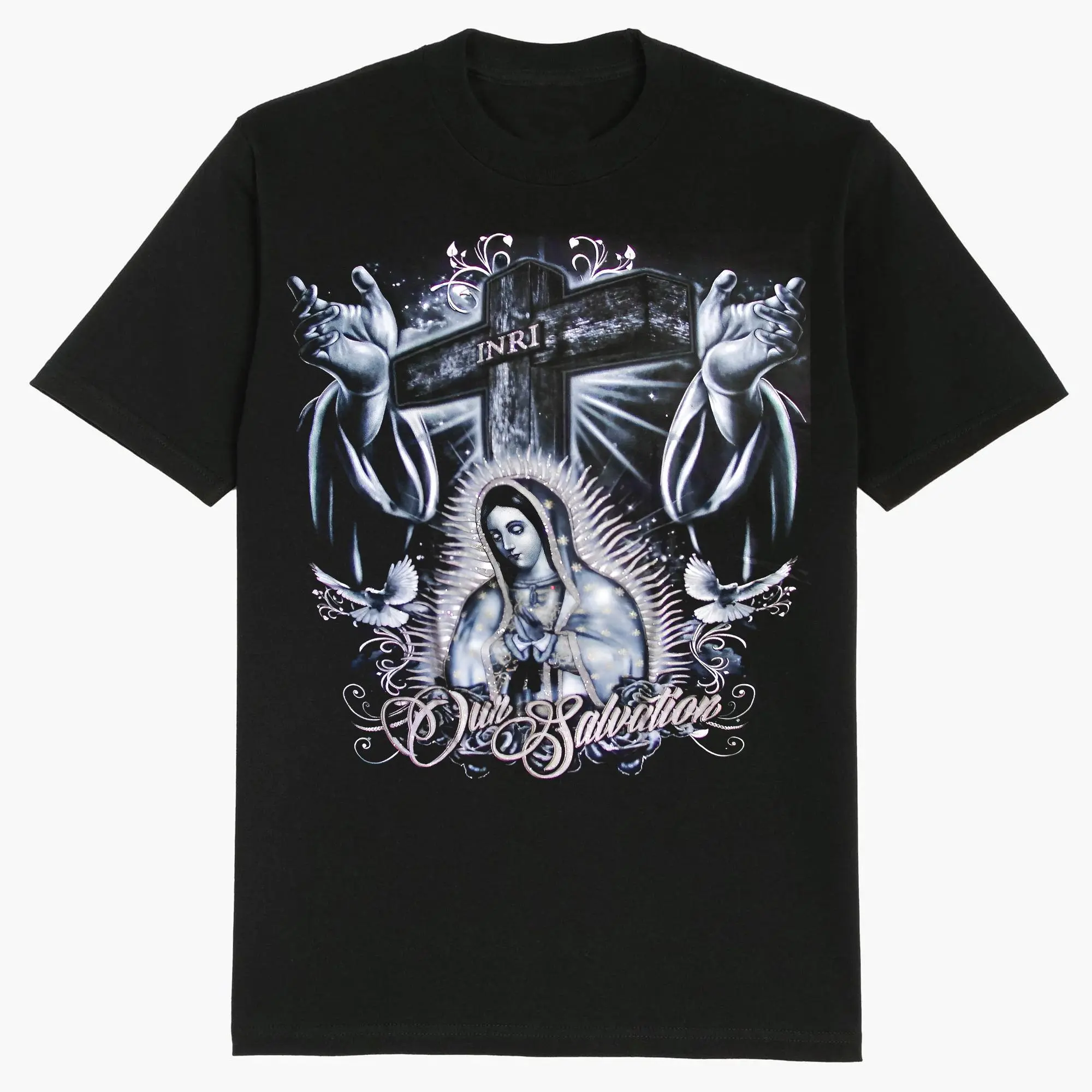 [ 100% Cotton]Guadalupe Cross Inri Dove Hands Our Salvation Chicano Clothing Gangster Clothes For Girls Dga Shirt Cotton T-shirt for Daily Life Work & Shopping