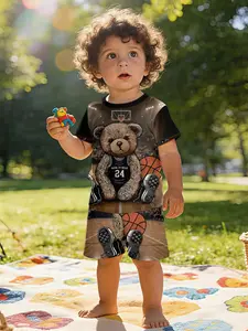 Sporty Style Basketball Bear No. 24 Jersey Print Infant Short Sleeve Set with Cool and Cute Bear Holding a Basketball, Baby Casual Kids' Wear, T-Shirt Suitable for Daily and Outdoor Sports, 100% Polyester, Perfect Gift for Infants! Baby Clothing