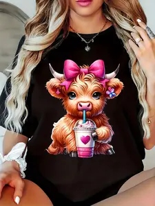 Plus Size, Plus Size Women's Casual Short Sleeve T-Shirt- Cute Highland Cow Pattern with Pink Bow and Beverage Pattern, Round Neck Spring Summer Top, Machine Washable, Cow Print Clothing, Comfortable to Wear, Fun Design, Pure Material, Plus Size