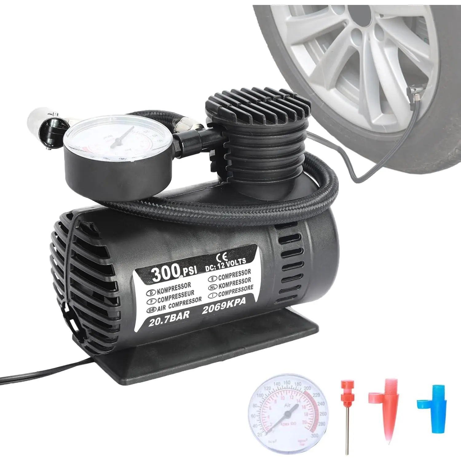 Tire Inflator, 12V DC Portable Air Compressor, Electric Air Pump for Car Tires, Less Than 300PSI, Low Noise Air Compressor with Pressure Gauge, for Car Motorcycle Bicycle (Black)