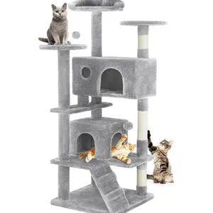 GIANNA 54" Indoor Cat Tree Tower with Multiple Levels, Sisal Scratching Post, Spacious Condo, Climbing Ramp, Kitten Toy, Light Grey