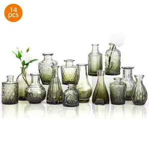 Whonline 14/36pcs Glass Bud Vase Set, Small Vases for Flowers, Vases for Centerpieces Mini Flower Vases in Bulk for Rustic Wedding Decorations Vintage Look Home Table Decor Amber, For Festival Home Decorations and Gift,Green/Amber colour