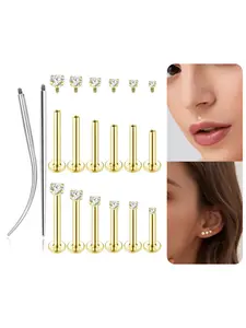 6Pairs 18K Gold Plated Internally Threaded Nose Piercing Studs Stainless Steel Lip Studs CZ Flat Back Stud Earrings Nostril Labret Conch Cartilage Earrings Helix Tragus 6/7/7/8/10/12mm 16G 18G Nose Piercing Jewelry
