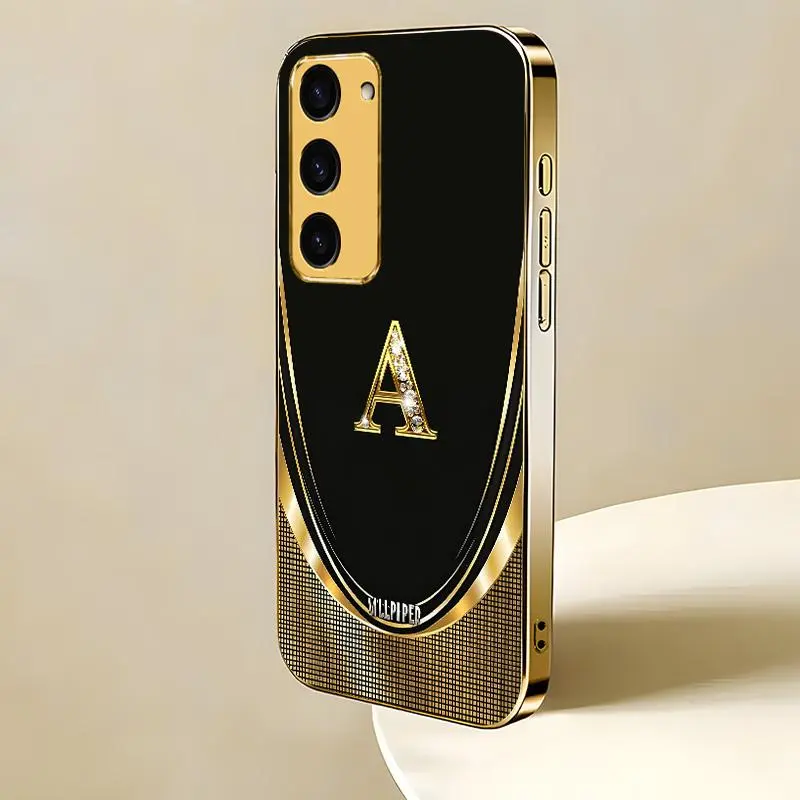 Suitable for [Galaxy S23 5g ] Luxury Black Gold Monogram Electroplated Glass Case | Personalized A-Z Initial Phone Case | Glossy Protective Cover | Shockproof Drop Protection, Anti-Scratch & Anti-Fingerprint | JS996