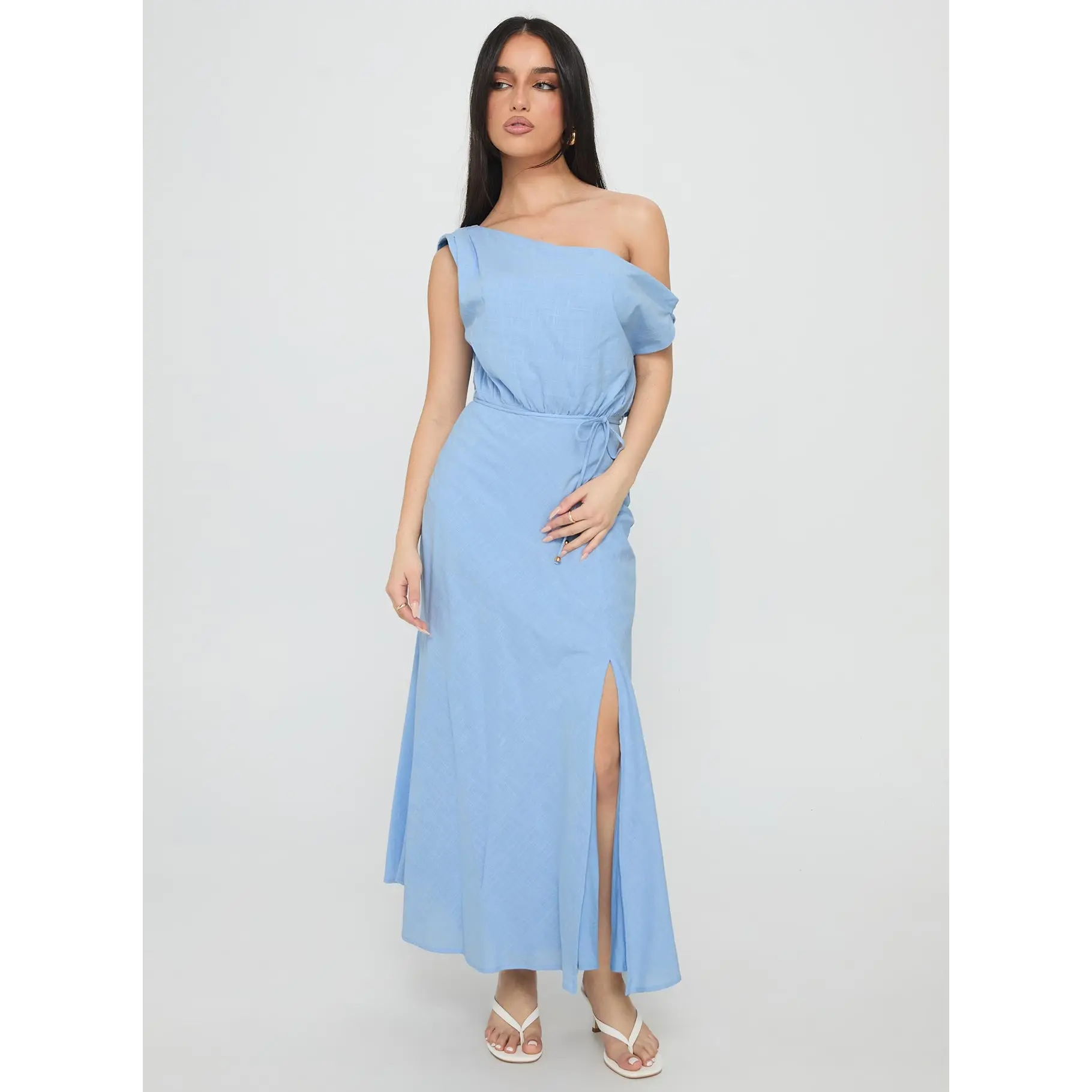 blue cotton floral dress Berrylush Women Solid Blue Off-Shoulder Neck Three-Quarter Sleeve Crep