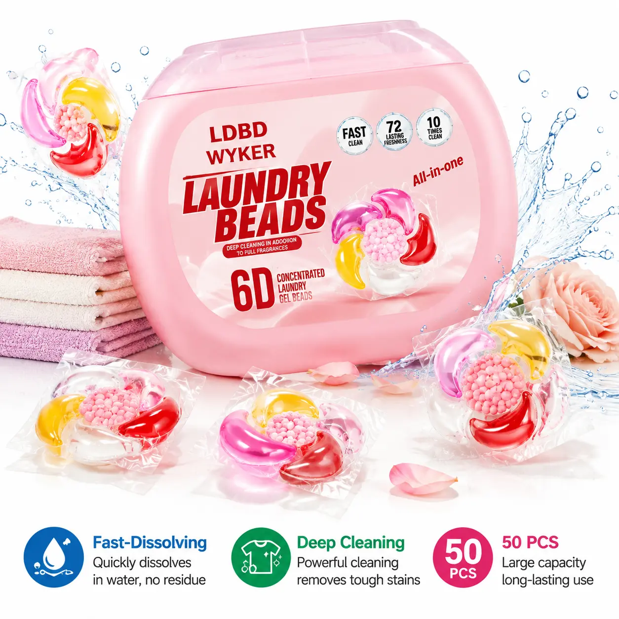 LDBD WYKER 6-in-1 Concentrated Laundry Detergent Pods,  Peach-Floral Fragrance Detergent Beads, All-in-1 Household Cleaner, Super Cleaning Power Concentrated with Germs Killer, Odor Control Solutions, Soft Fresh Scent, 60 Days Fragrance, 50 Count